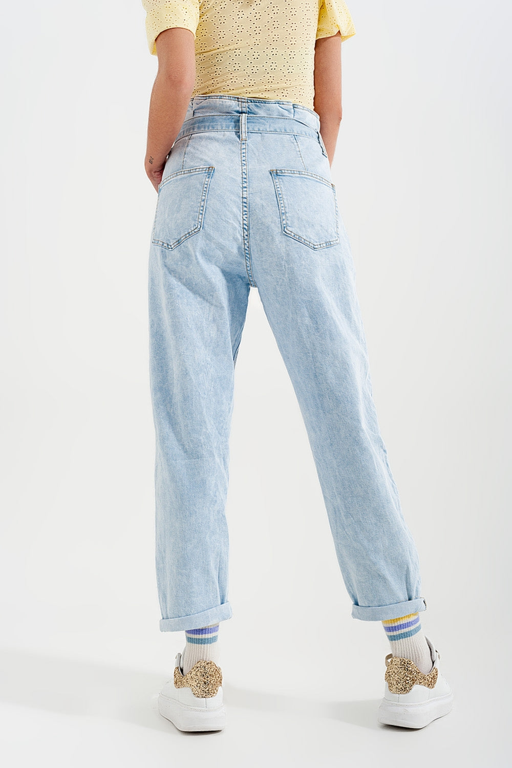 Tapered leg jeans with paper bag waist in light vintage wash - Denim