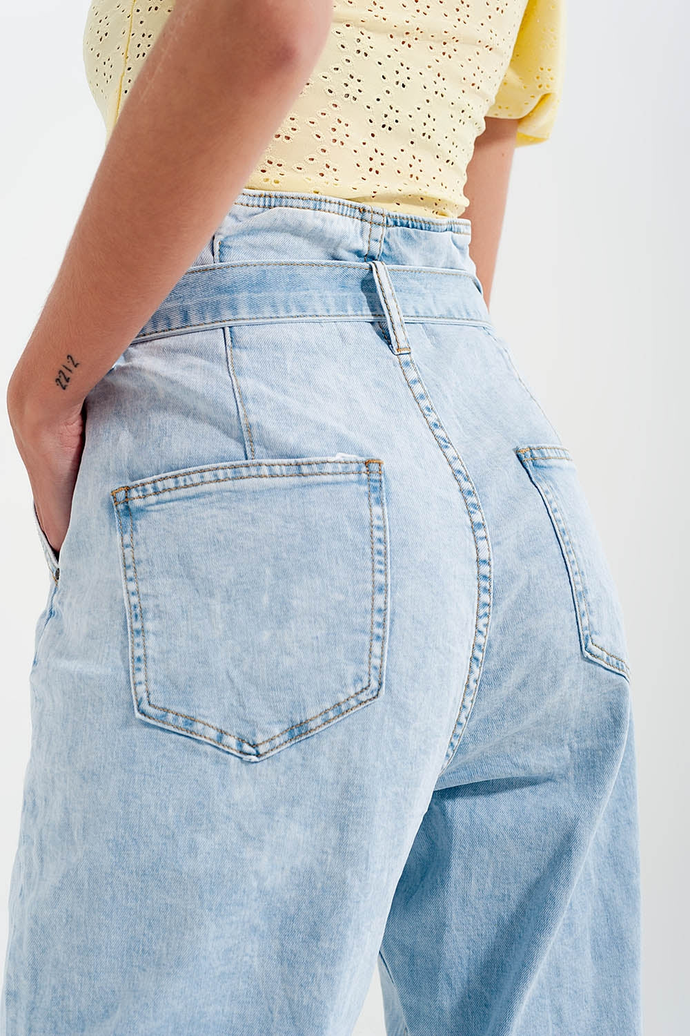 Tapered leg jeans with paper bag waist in light vintage wash - Denim