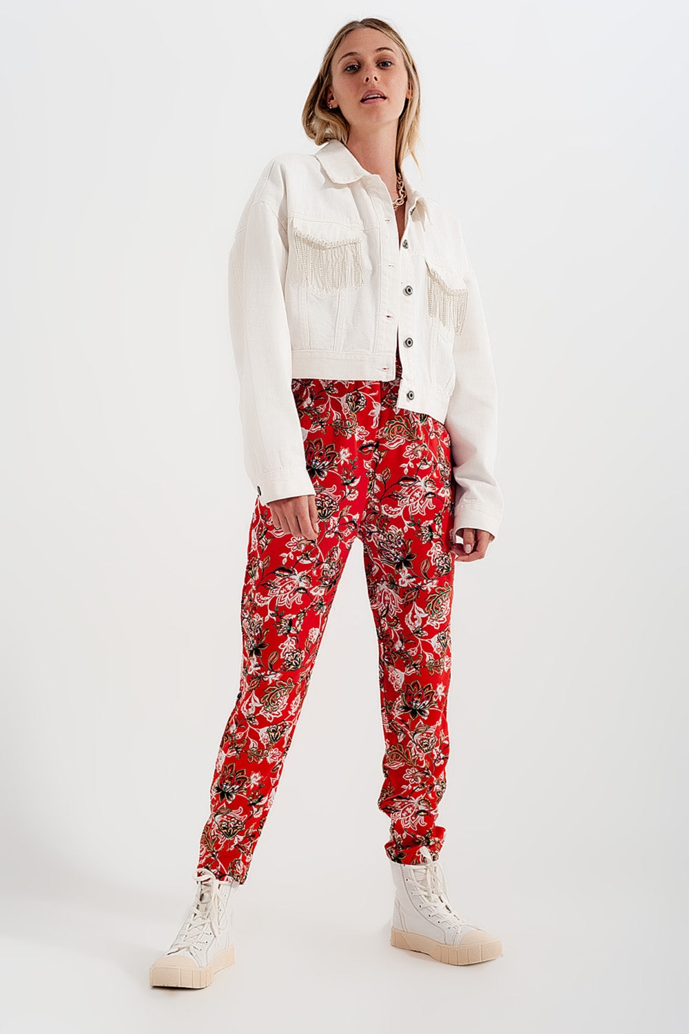 Denim jacket with diamante fringing in white