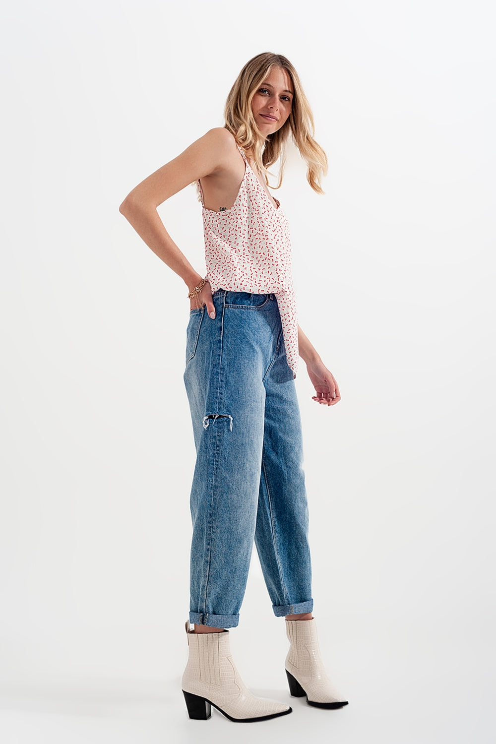 Relaxed fit side rip jeans in mid blue - Denim