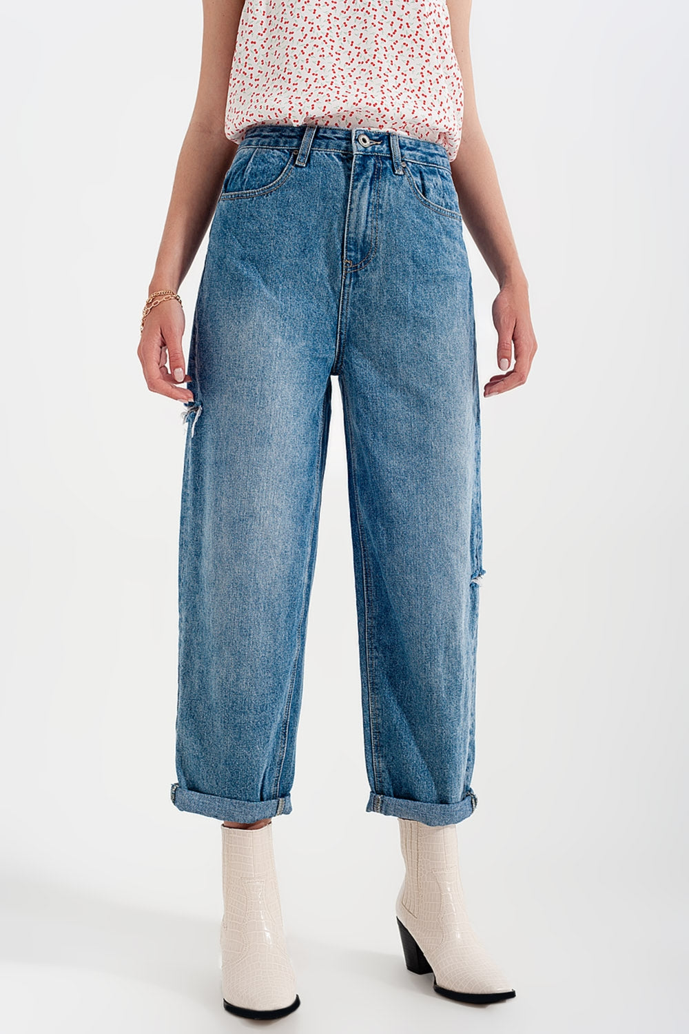 Relaxed fit side rip jeans in mid blue - Denim