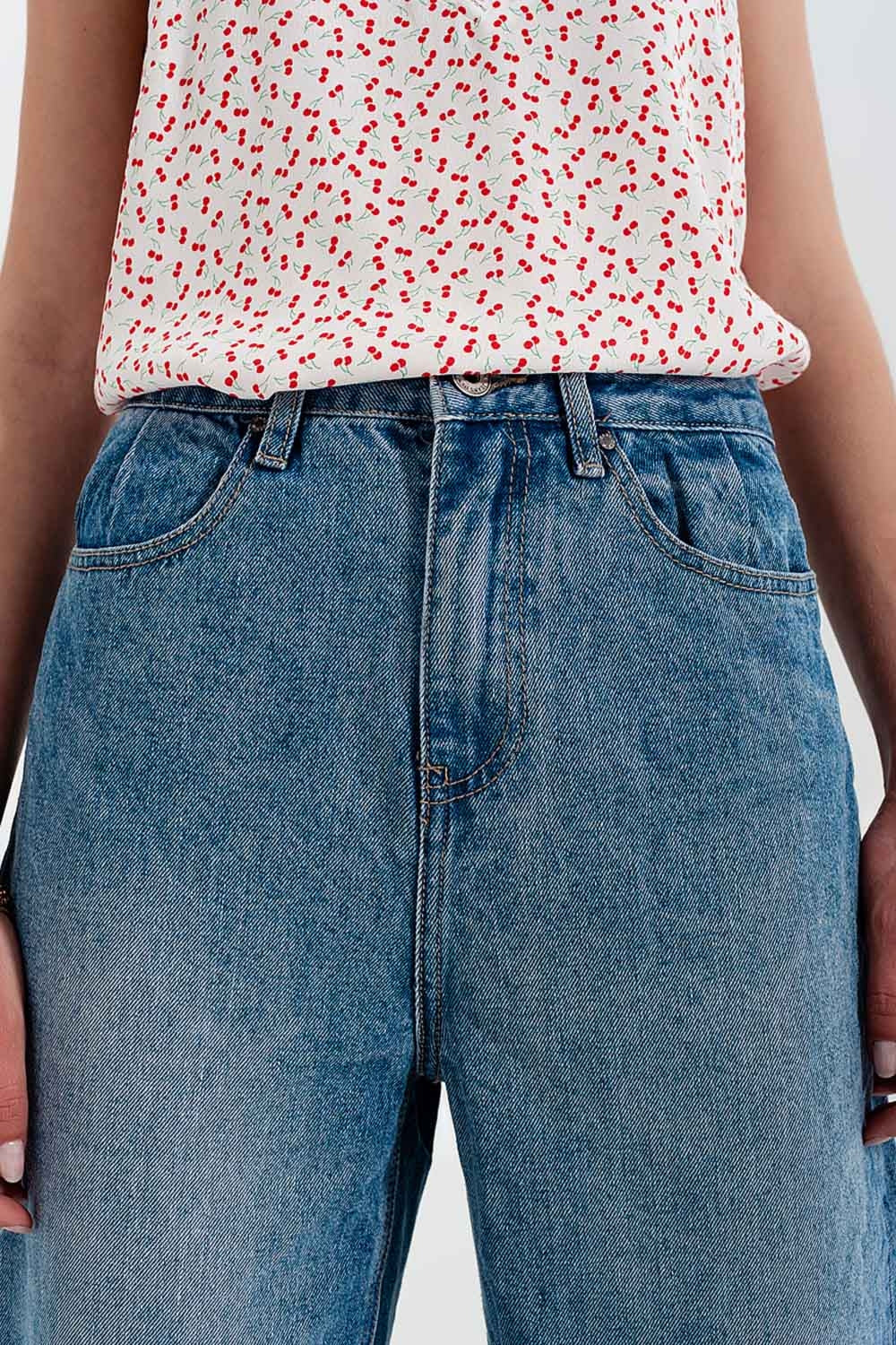 Relaxed fit side rip jeans in mid blue - Denim