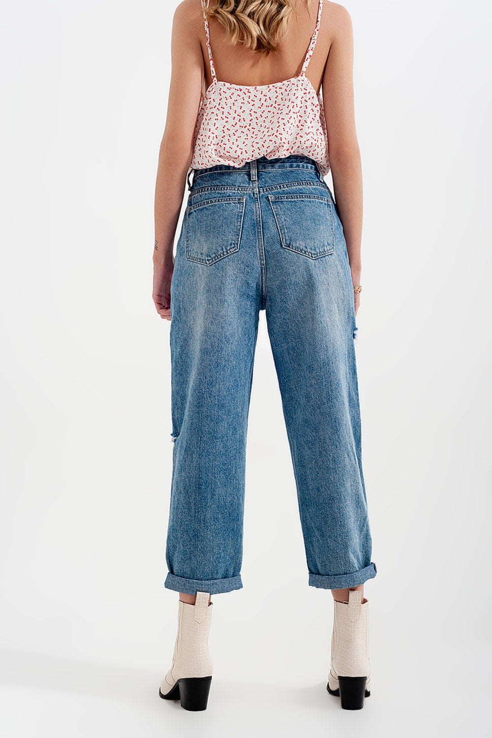 Relaxed fit side rip jeans in mid blue - Denim