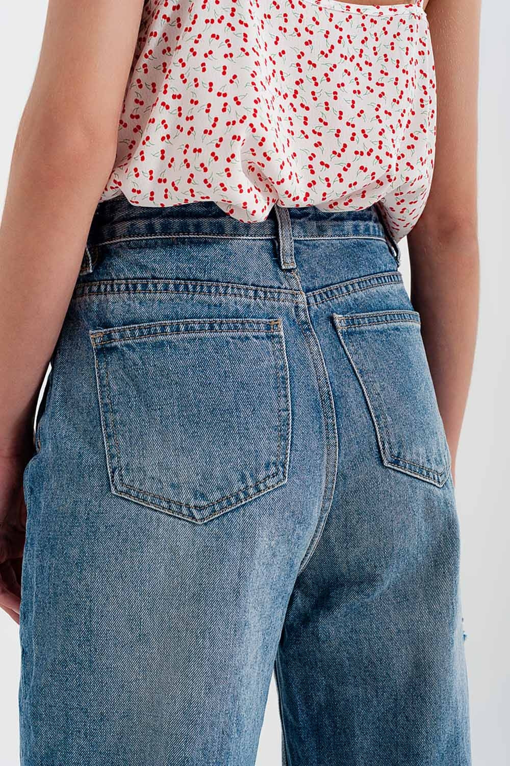 Relaxed fit side rip jeans in mid blue - Denim