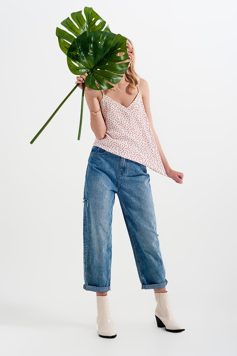 Relaxed fit side rip jeans in mid blue - Denim