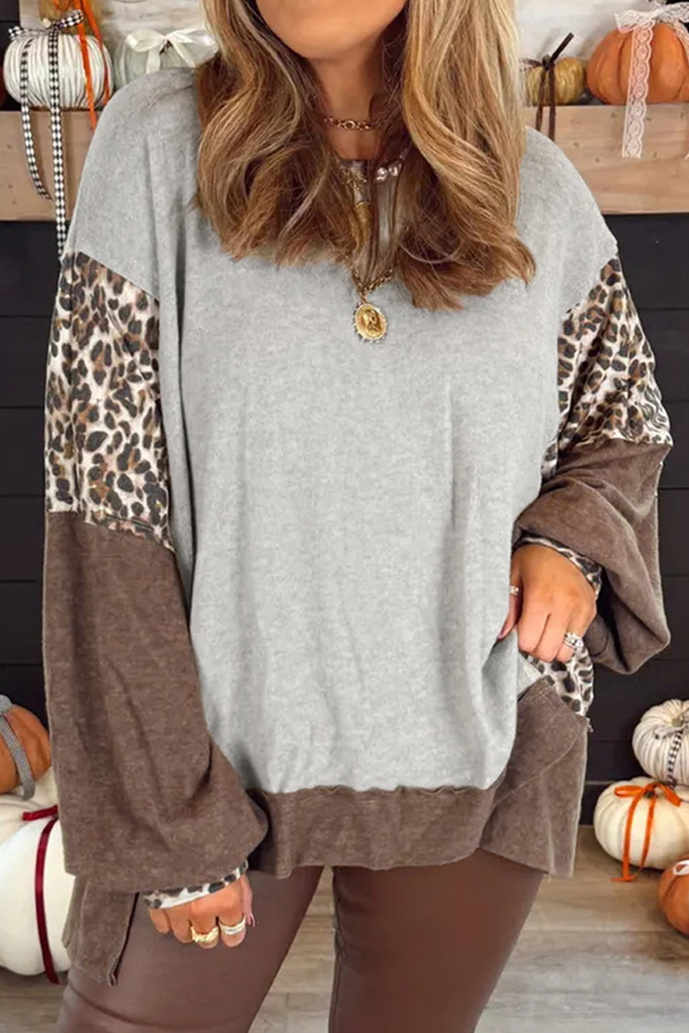 Gray Plus Size Leopard Color Block Patchwork Dolman Sweatshirt - Plus Size/Plus Size Sweatshirts & Hoodies