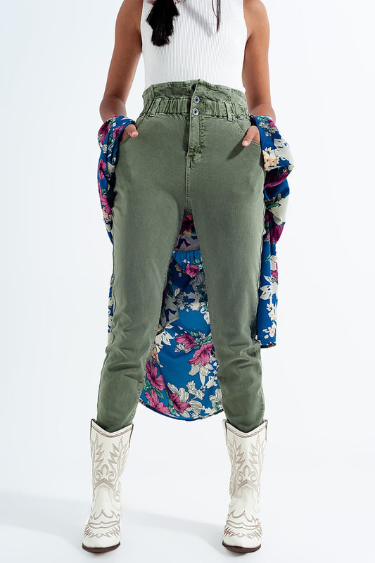 Elasticated paper bag waist mom jean in khaki - Coloured Jeans