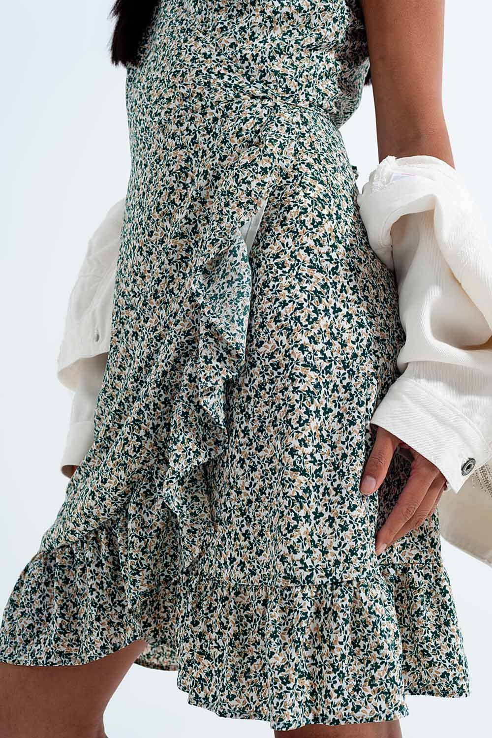 Ruffle wrap dress in green floral print - dress