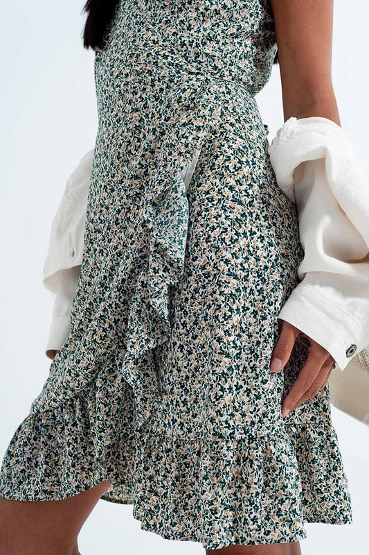 Ruffle wrap dress in green floral print - dress
