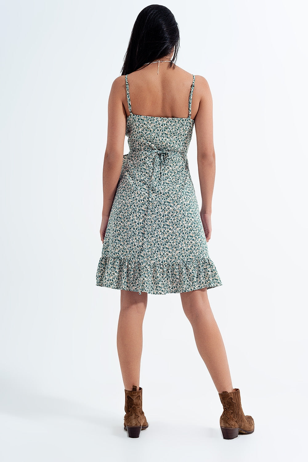 Ruffle wrap dress in green floral print - dress