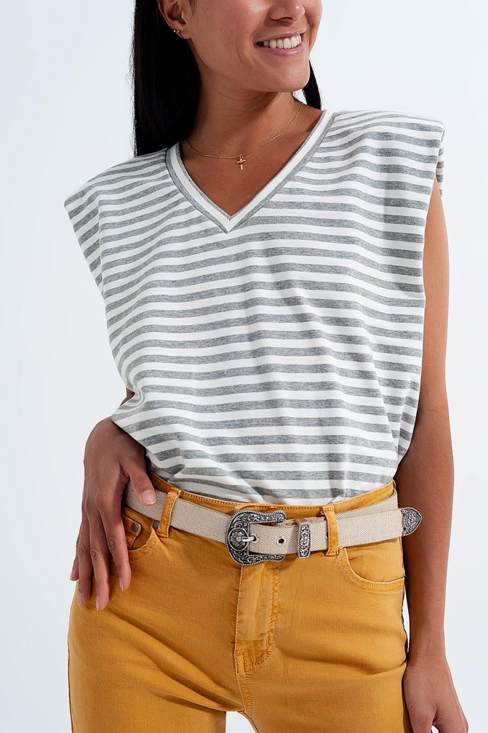 Sleeveless t shirt with shoulder pad in gray stripe - top