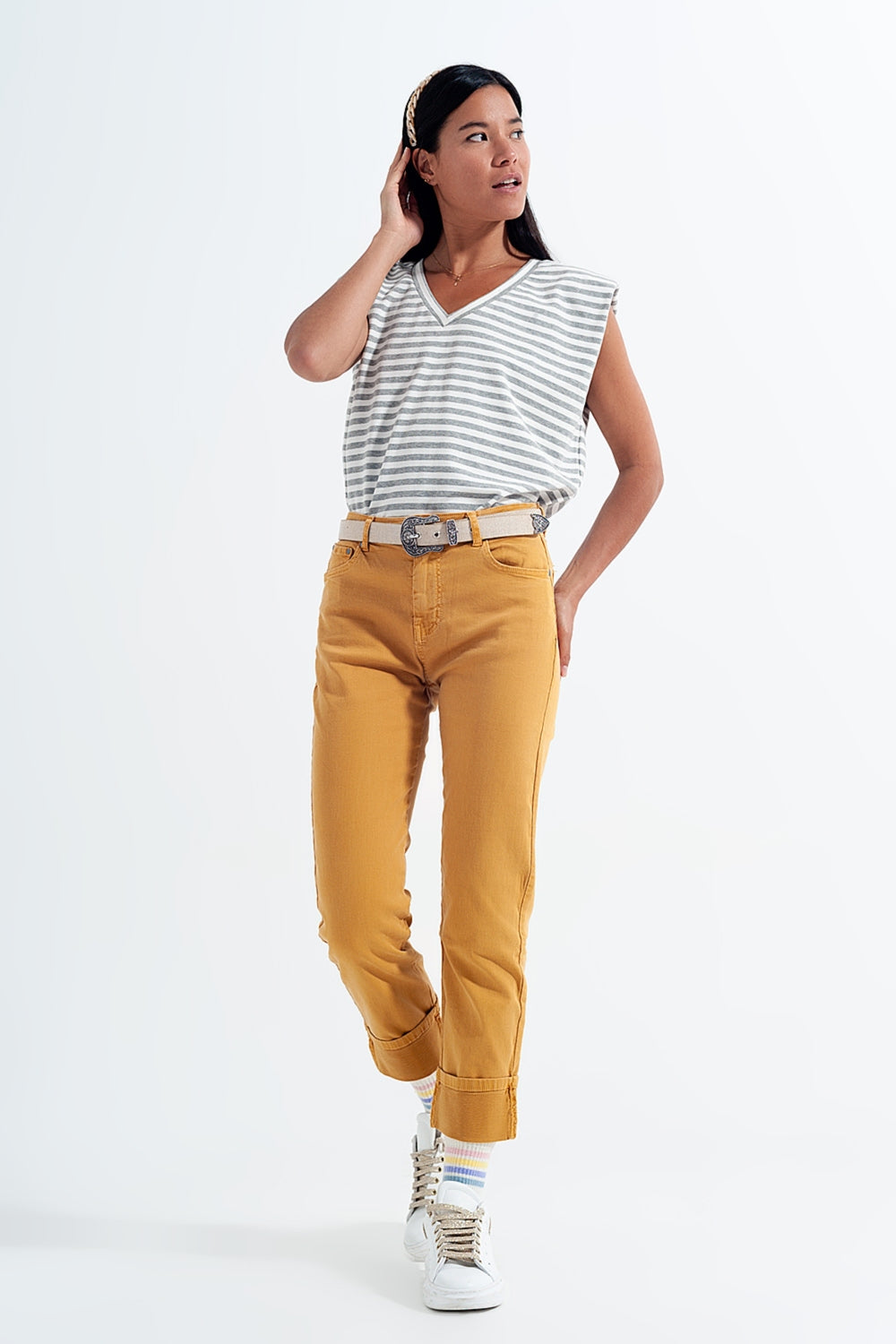 Sleeveless t shirt with shoulder pad in gray stripe - top