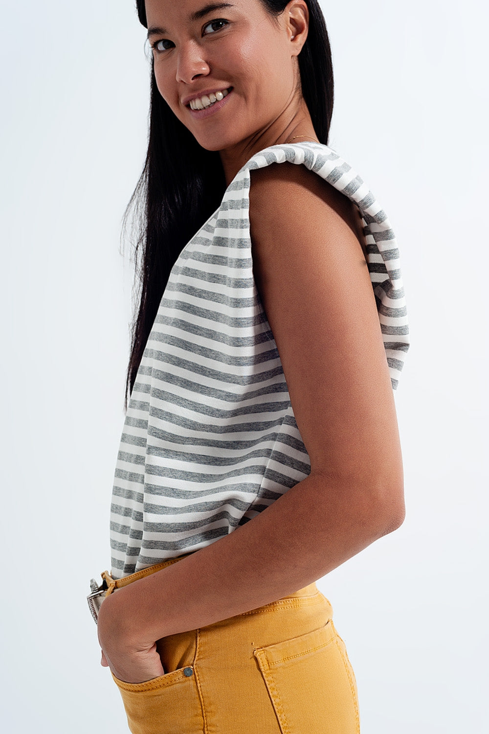 Sleeveless t shirt with shoulder pad in gray stripe - top