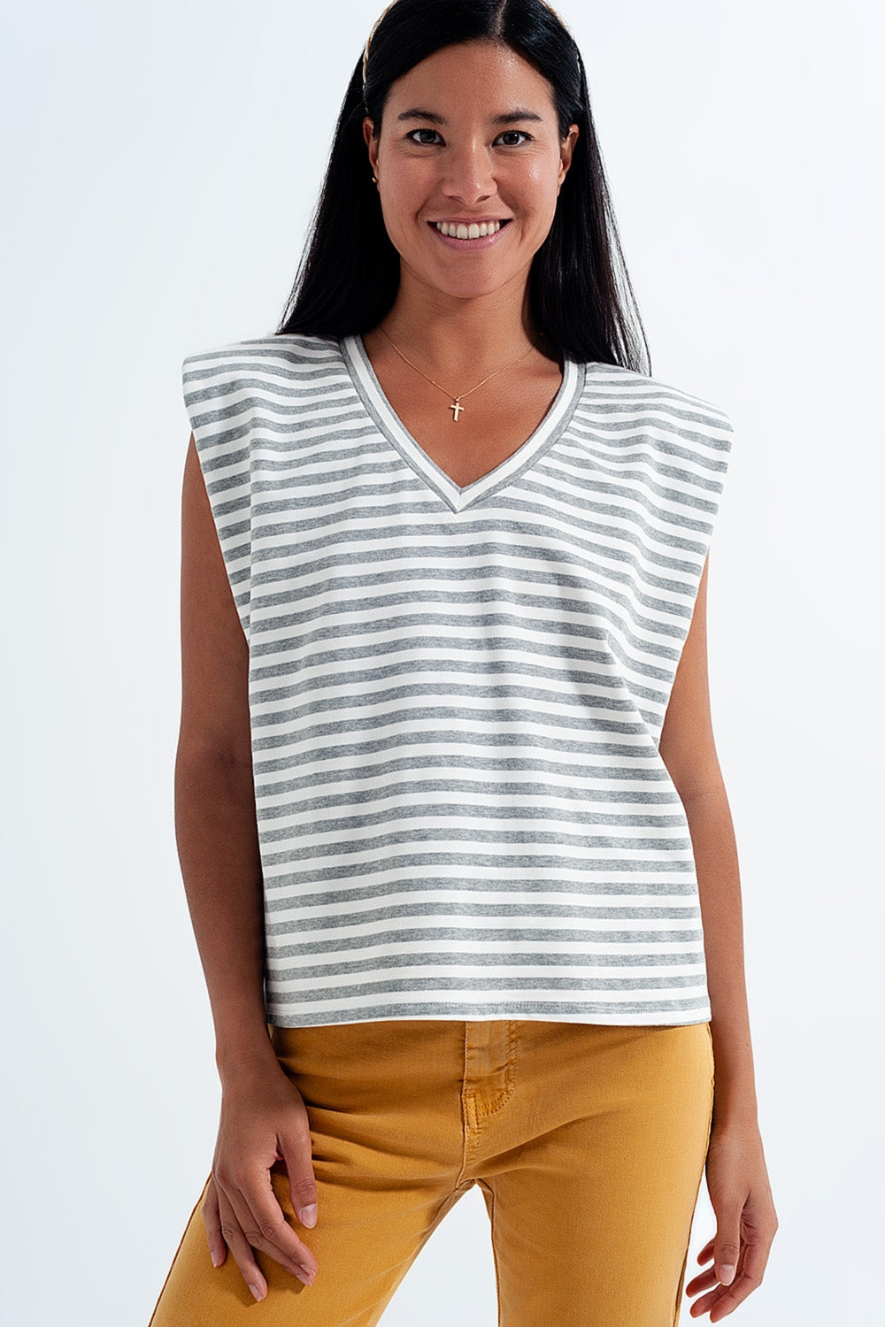 Sleeveless t shirt with shoulder pad in gray stripe - top