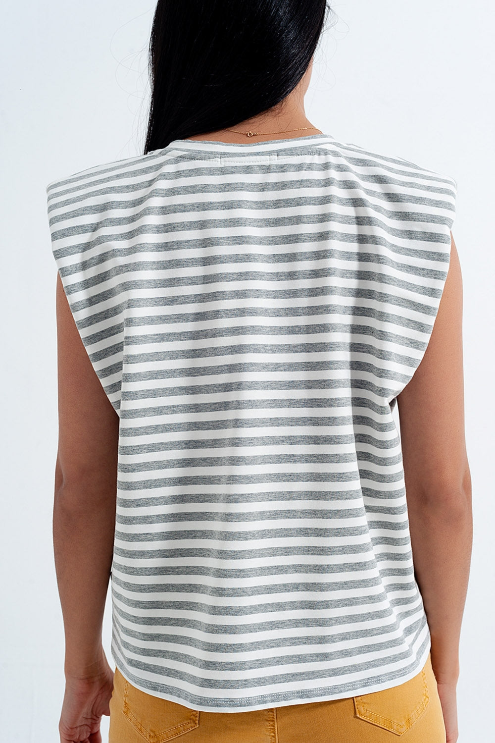 Sleeveless t shirt with shoulder pad in gray stripe - top