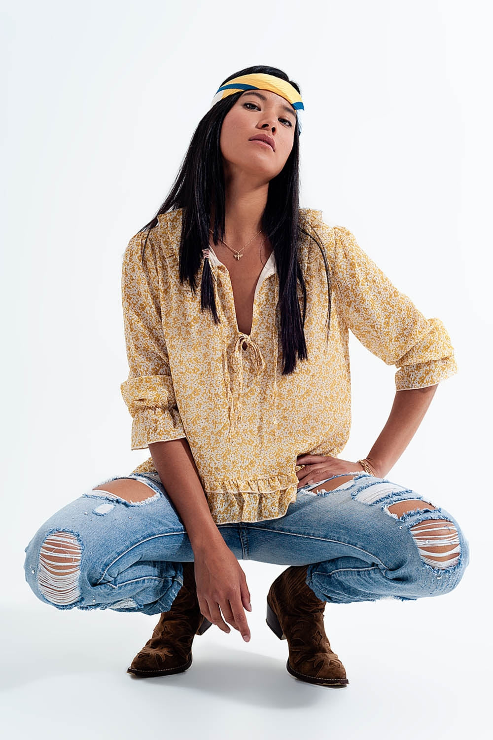 Tie front chiffon blouse in yellow floral print - Shirts