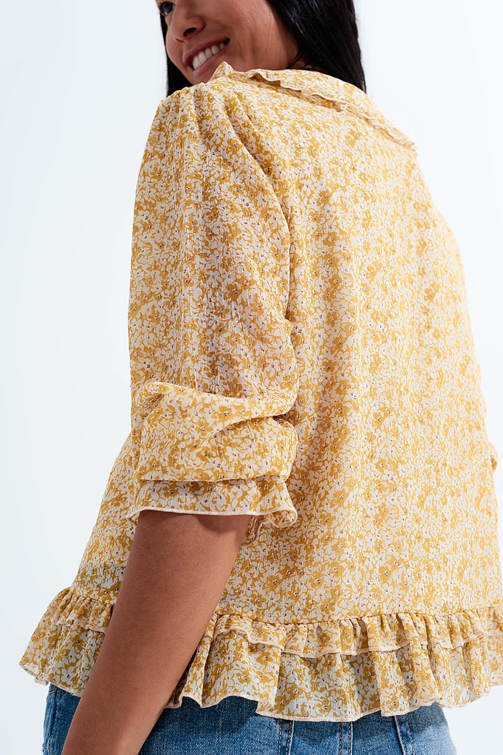 Tie front chiffon blouse in yellow floral print - Shirts