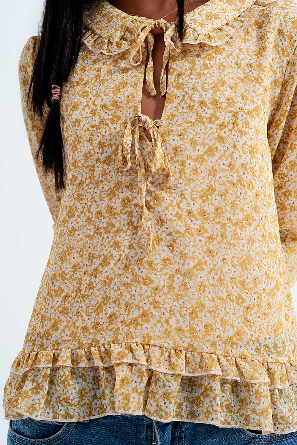 Tie front chiffon blouse in yellow floral print - Shirts