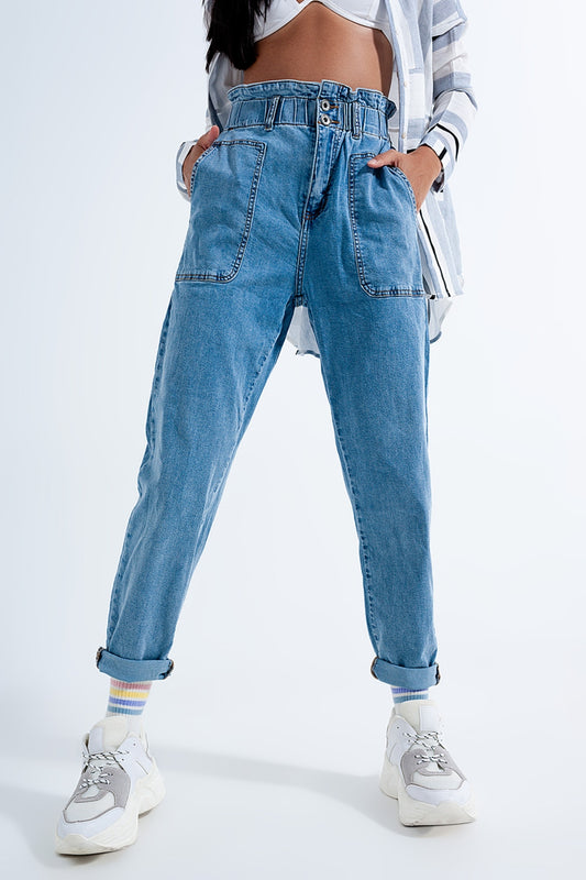 Paperbag waist Mom jeans in mid blue - Denim