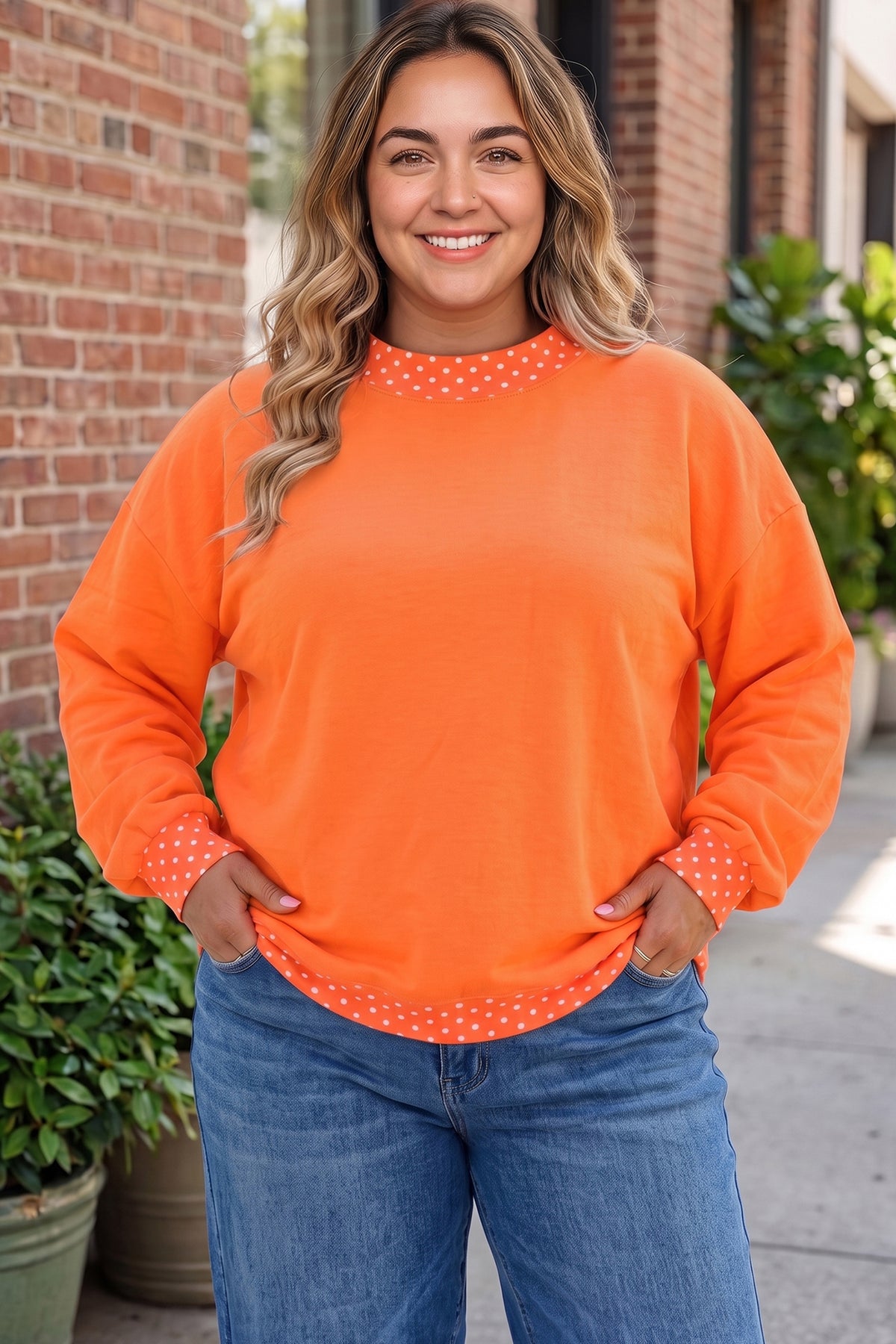 Tillandsia Purple Polka Dot Patchwork Round Neck Plus Size Sweatshirt - Plus Size/Plus Size Sweatshirts & Hoodies