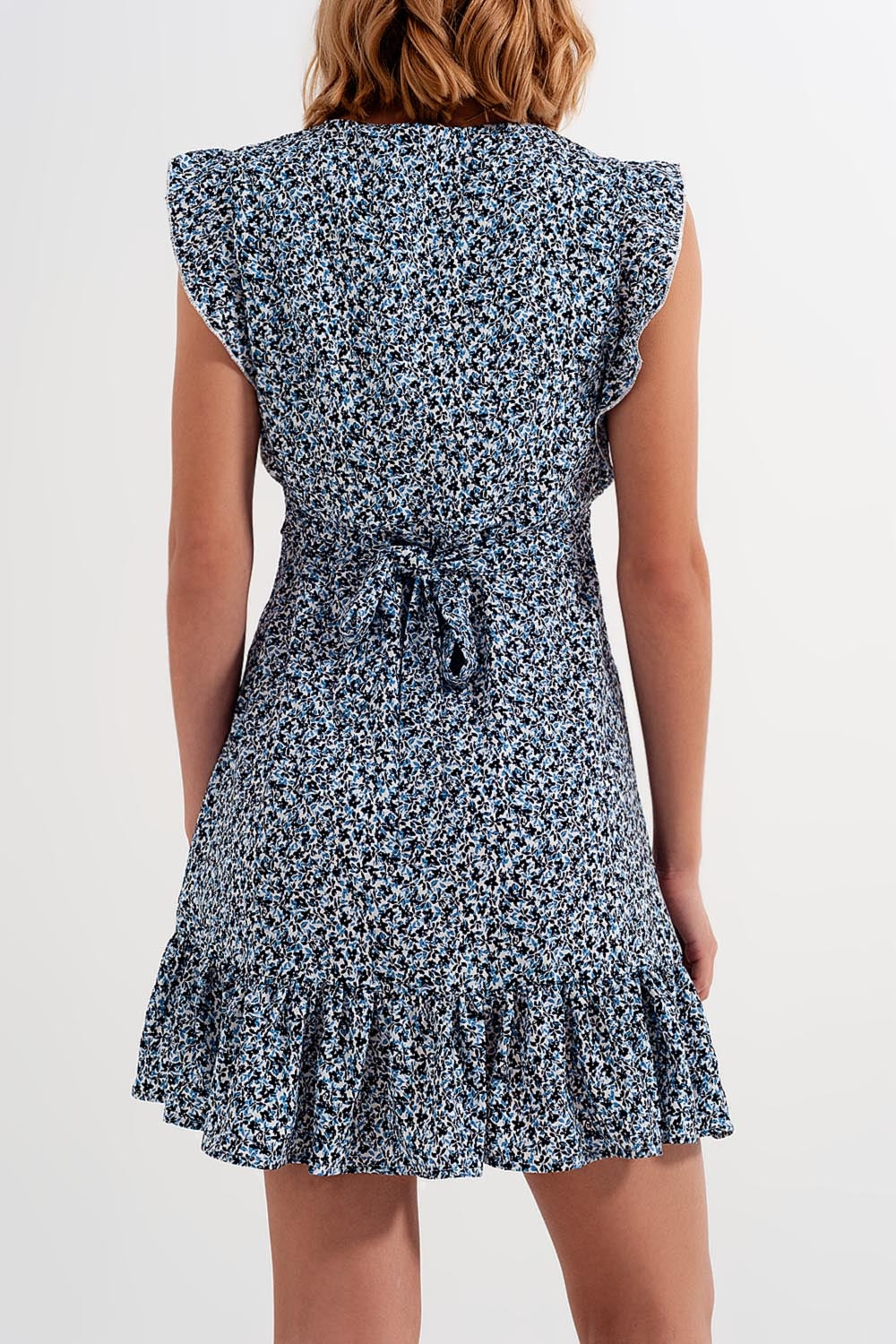 Mini dress with ruffle sleeve in ditsy floral in blue - dress