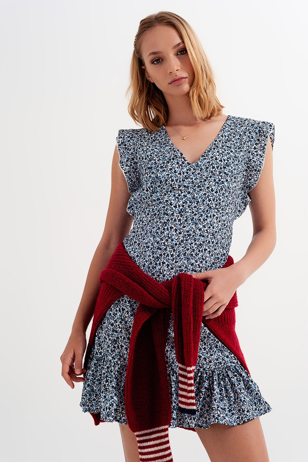 Mini dress with ruffle sleeve in ditsy floral in blue