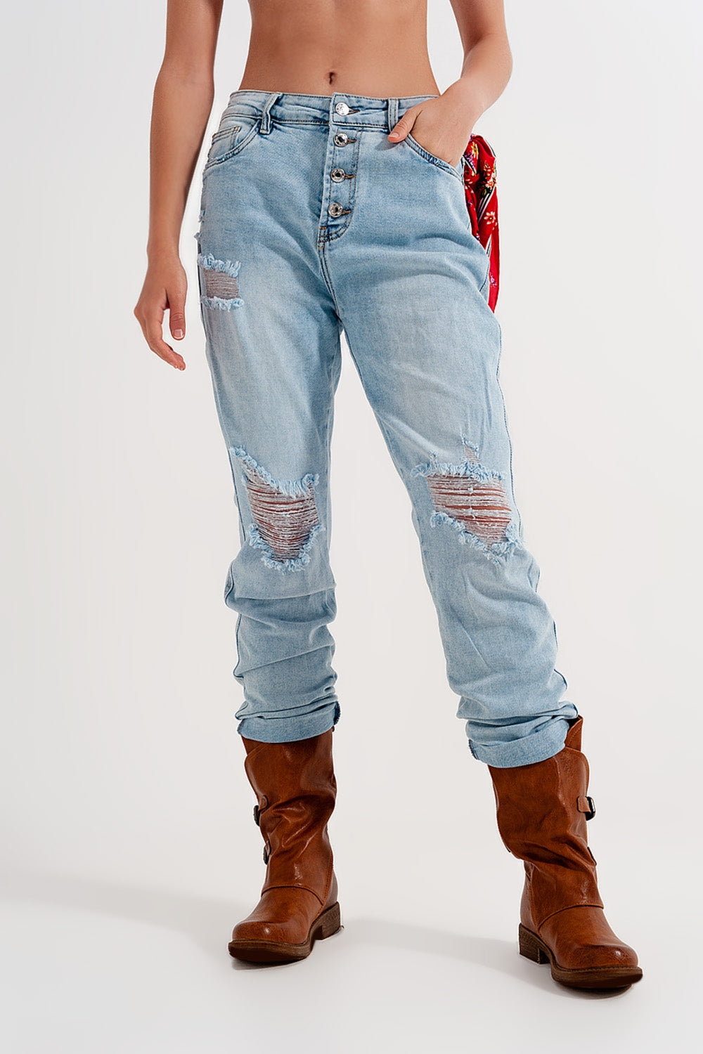 Straight leg distressed jeans with button detail in light blue - Denim