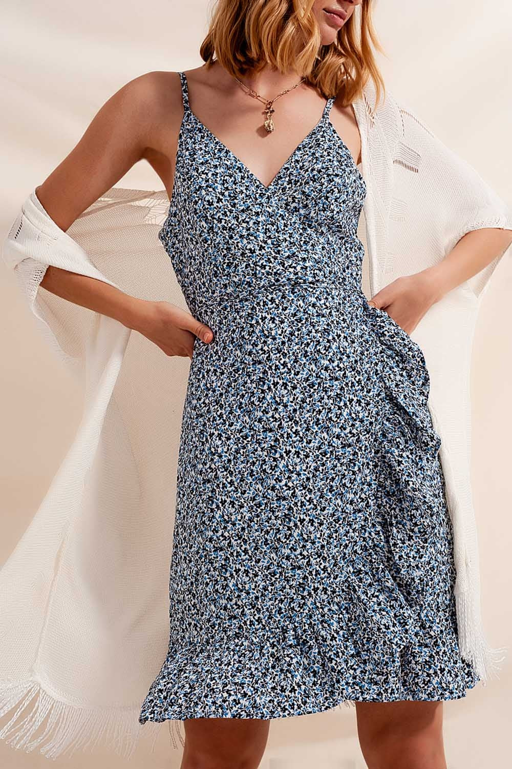 Ruffle wrap dress in blue floral print - dress