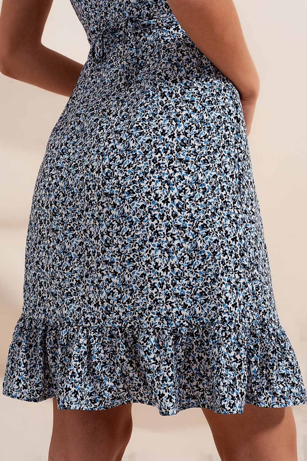 Ruffle wrap dress in blue floral print - dress