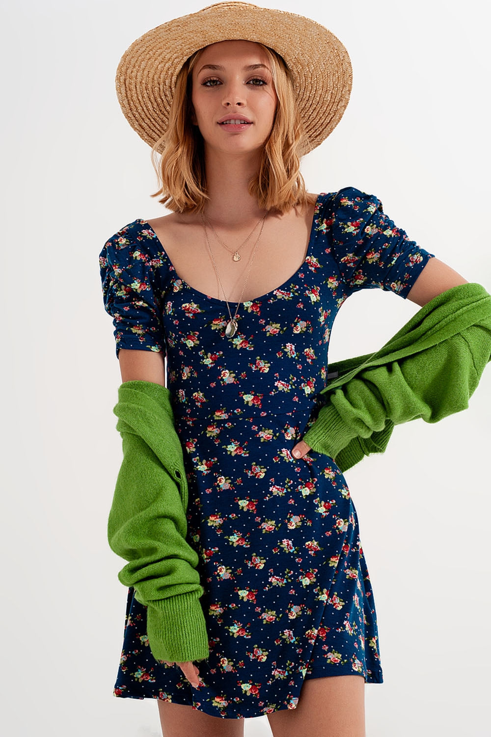 Puff sleeve skater dress in navy blue floral print - dress