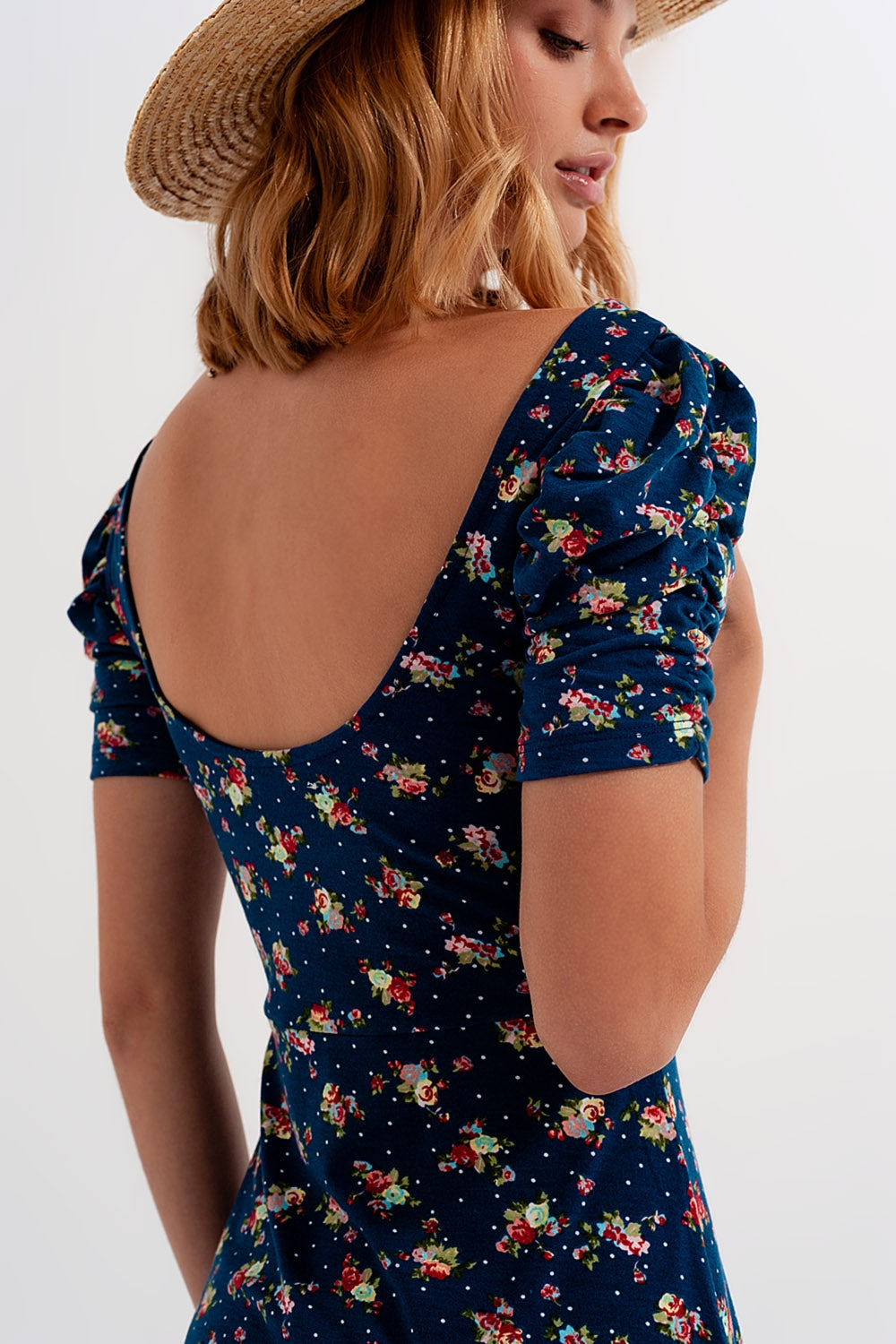 Puff sleeve skater dress in navy blue floral print - dress