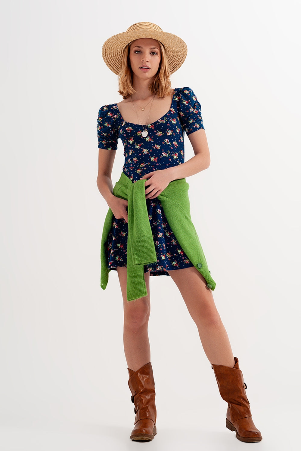 Puff sleeve skater dress in navy blue floral print - dress