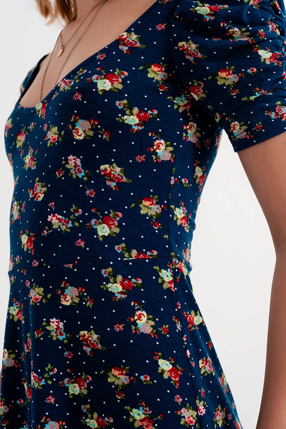 Puff sleeve skater dress in navy blue floral print - dress