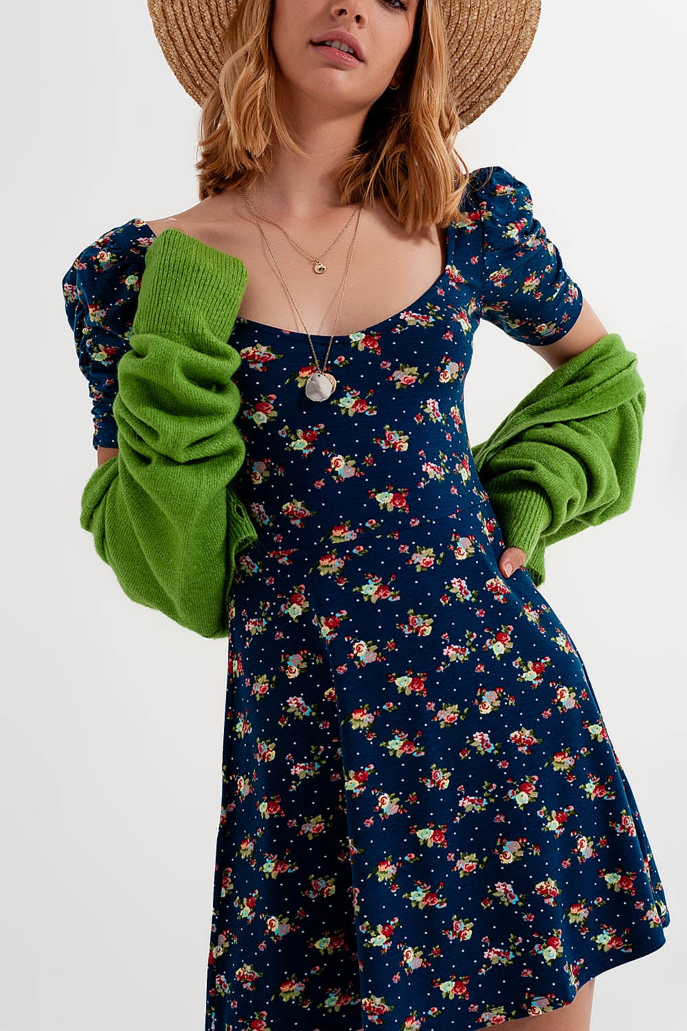 Puff sleeve skater dress in navy blue floral print - dress