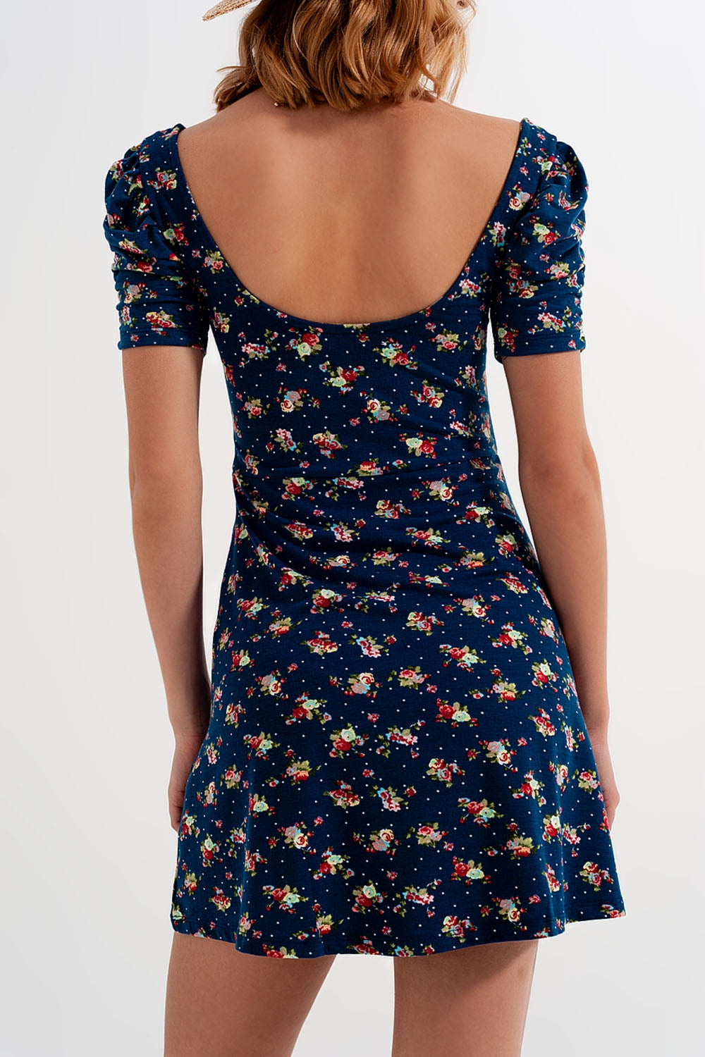 Puff sleeve skater dress in navy blue floral print - dress
