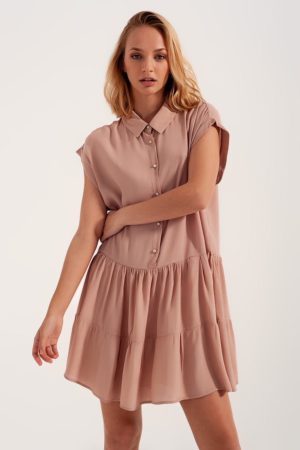 Tiered hem shirt dress in light pink - dress