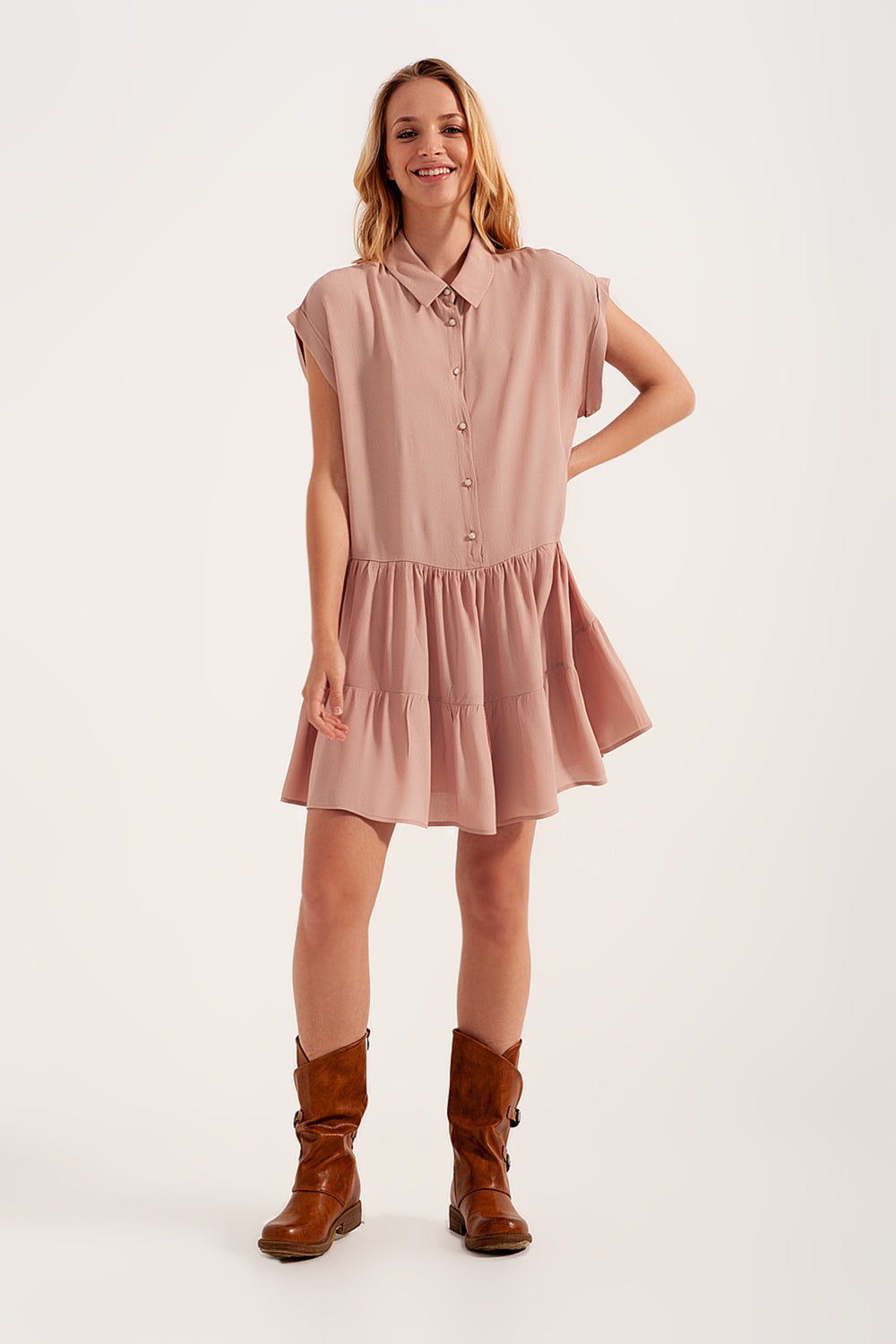 Tiered hem shirt dress in light pink - dress