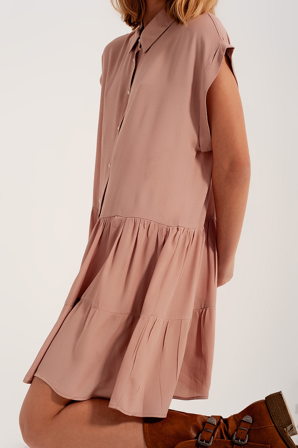 Tiered hem shirt dress in light pink - dress