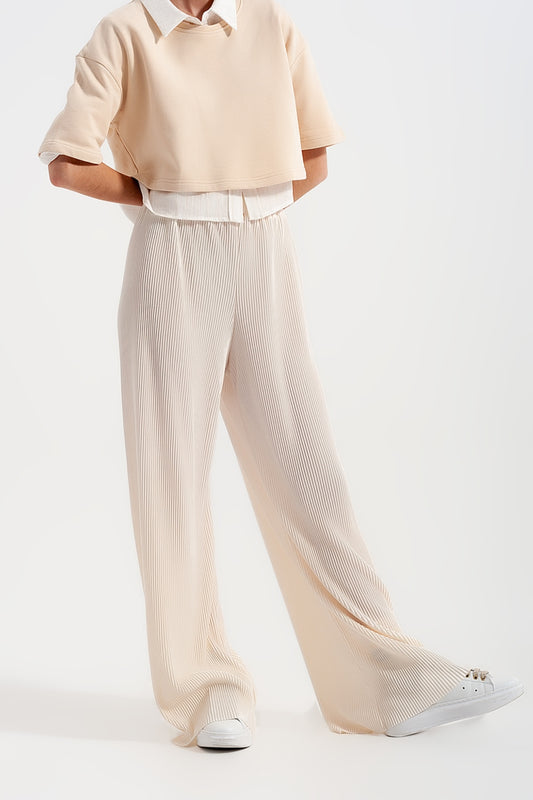 Relaxed wide leg trousers in plisse cream - trousers