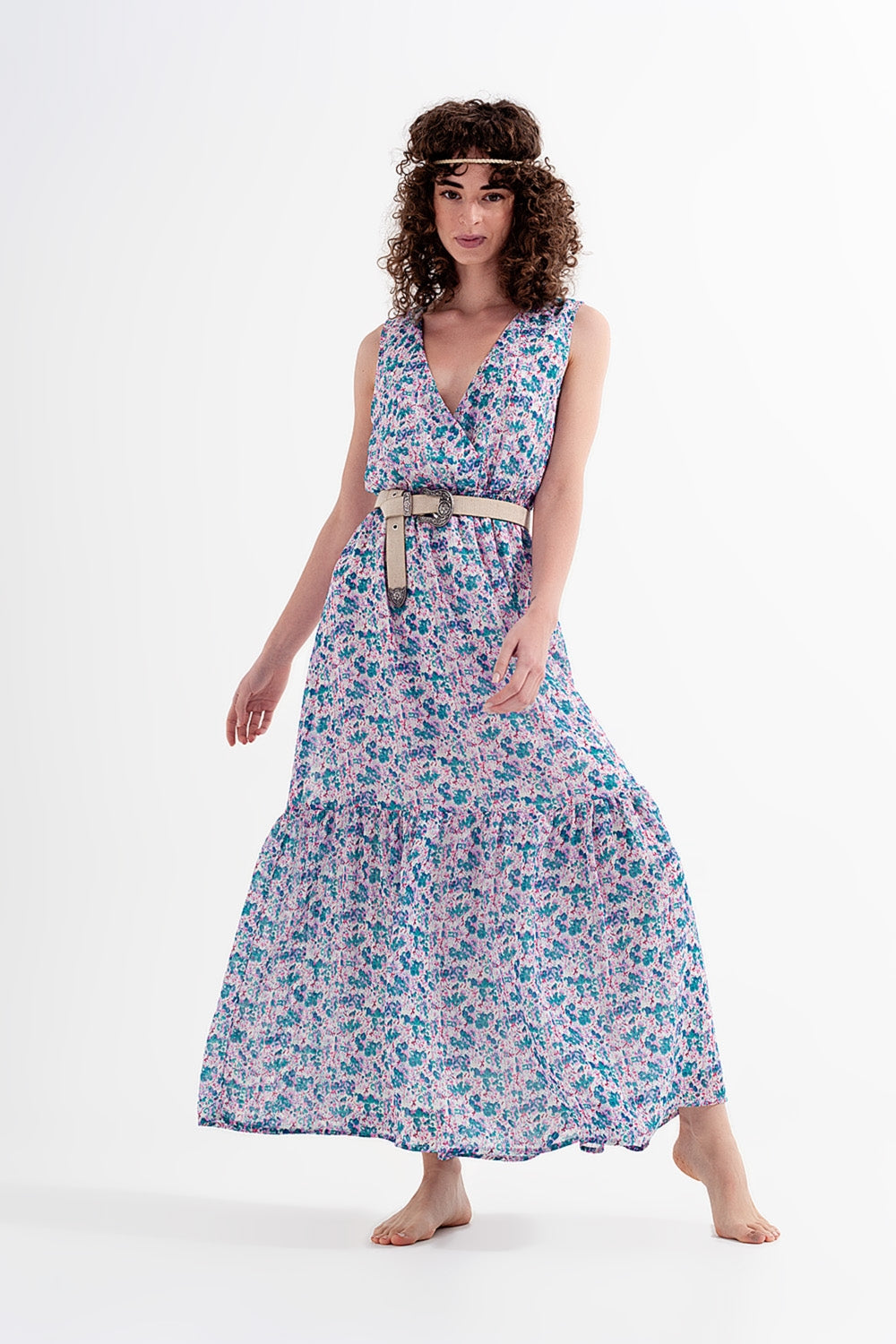 Robe longue fleurie sans manches verte