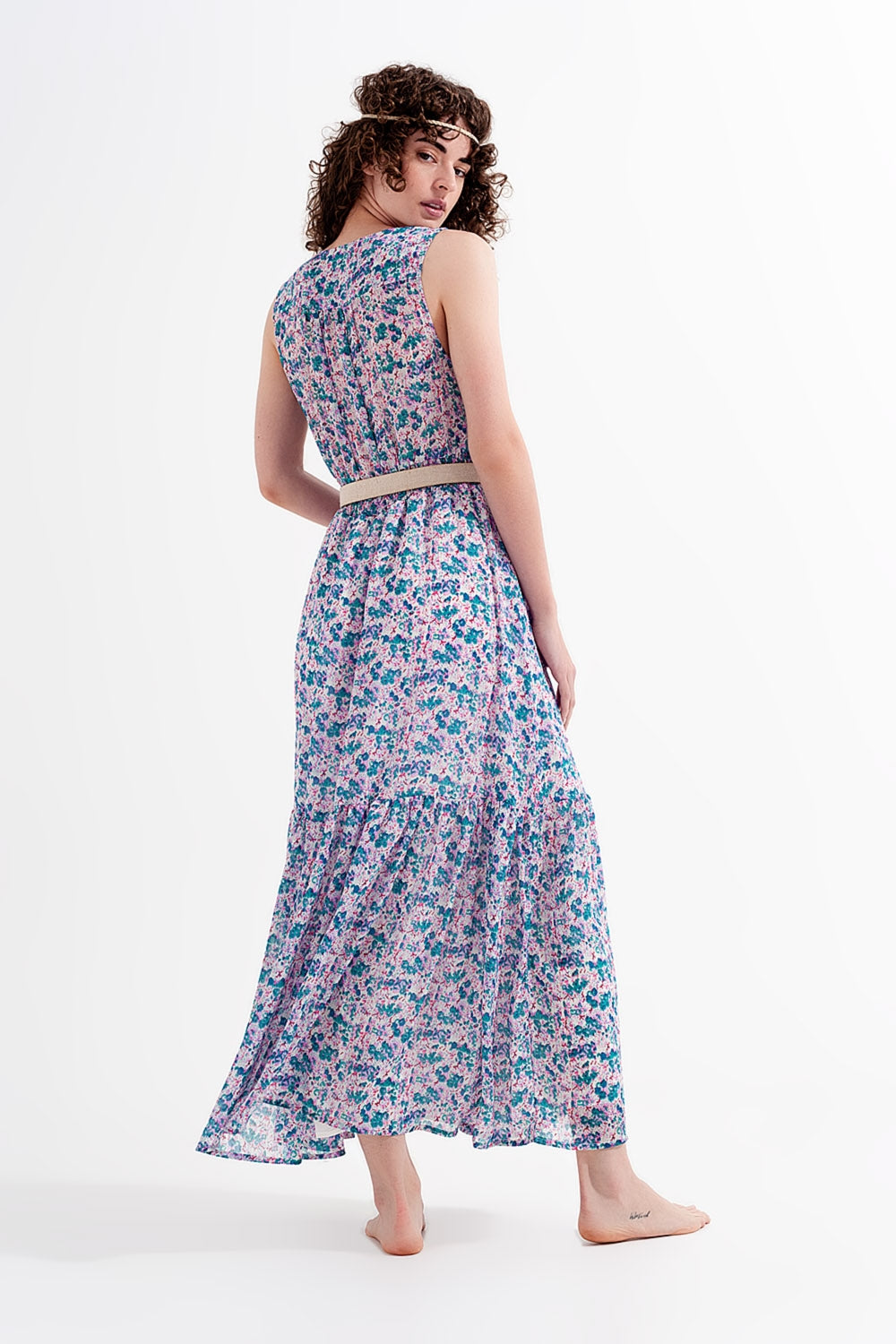 Floral sleeveless maxi dress in green - dress