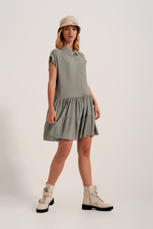 Tiered hem shirt dress in green - dress