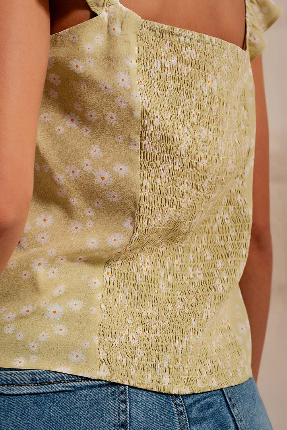 Frill strap cami top in green ditsy floral print