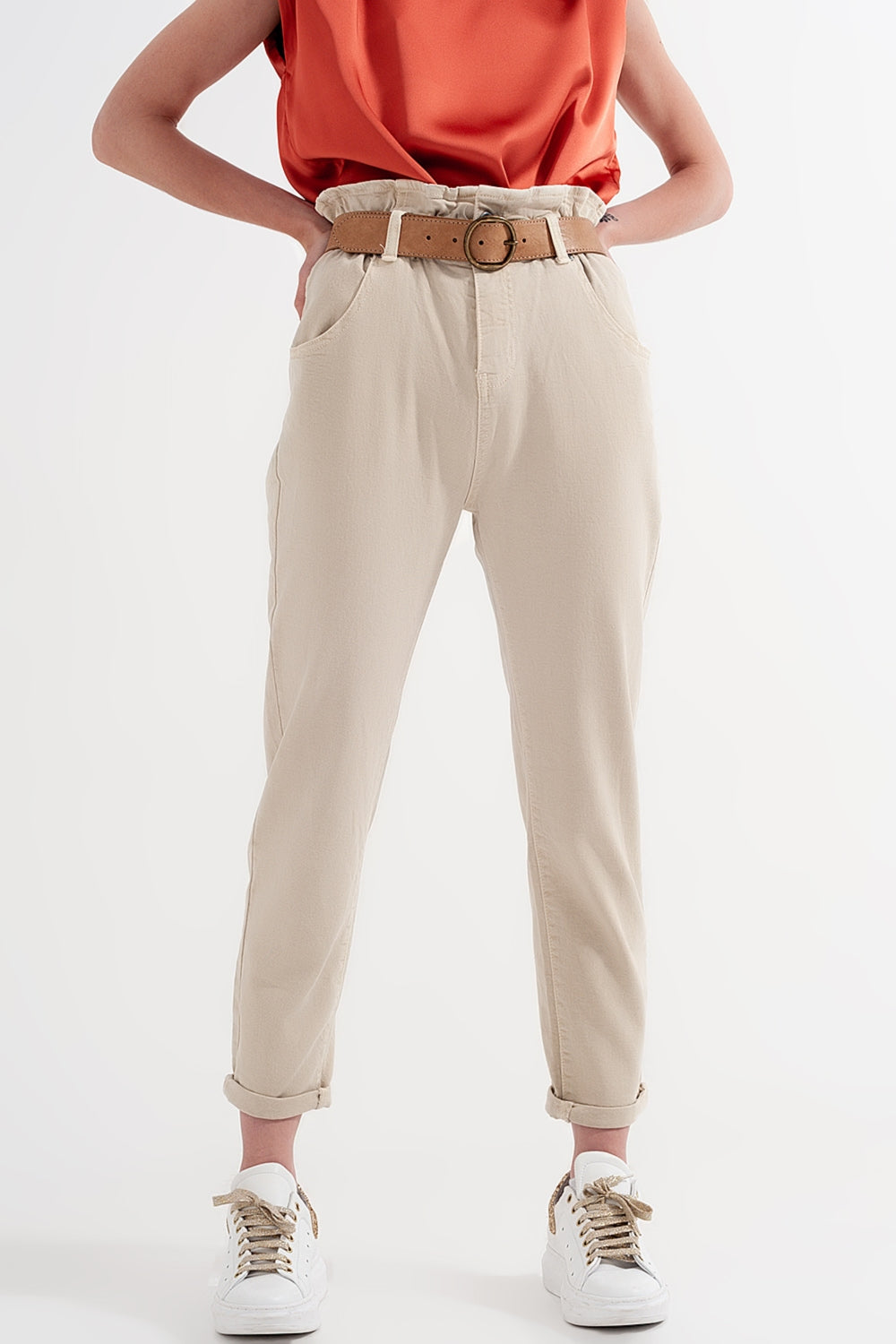 Elasticated paper bag waist mom jean in beige - Coloured Jeans