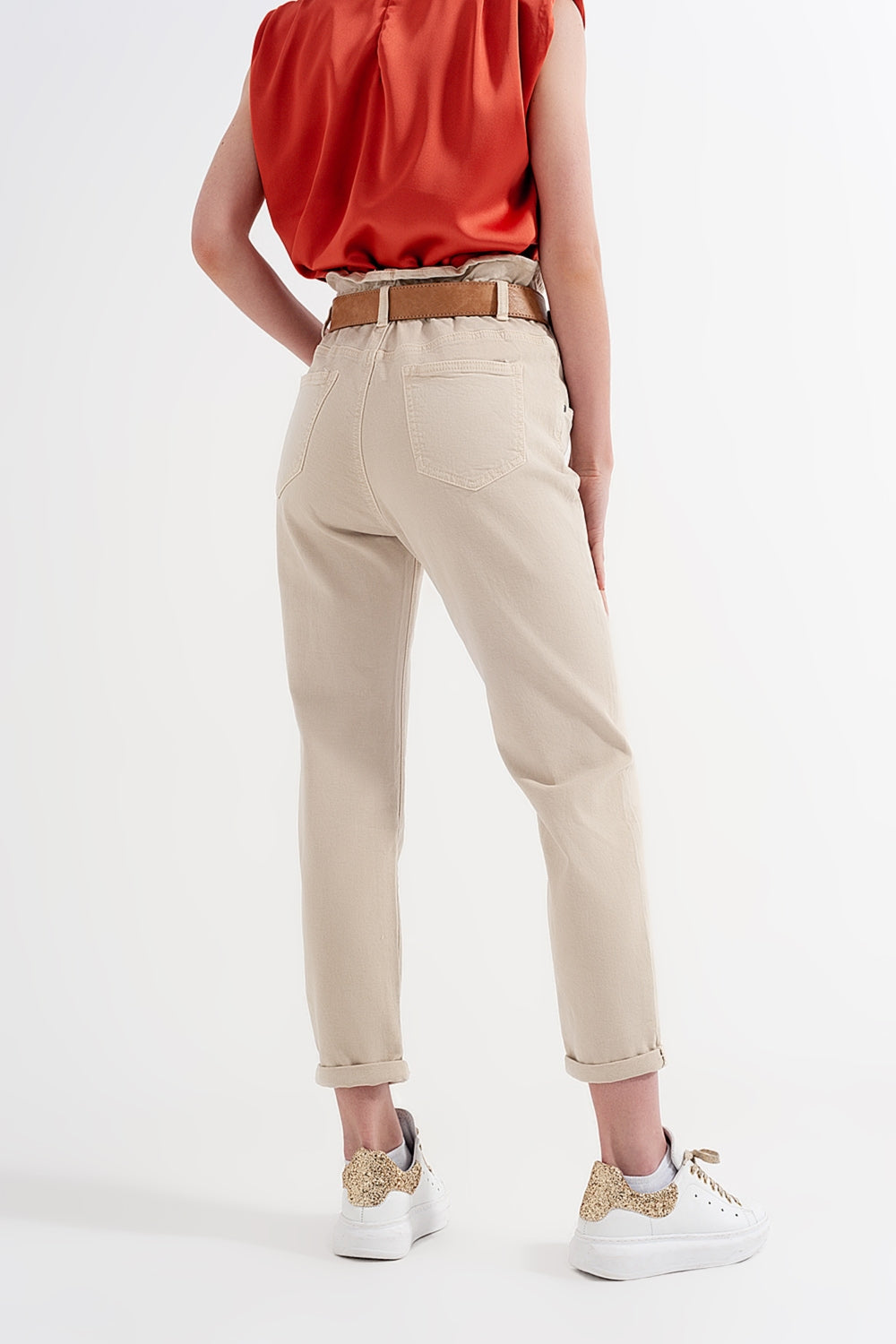 Elasticated paper bag waist mom jean in beige - Coloured Jeans