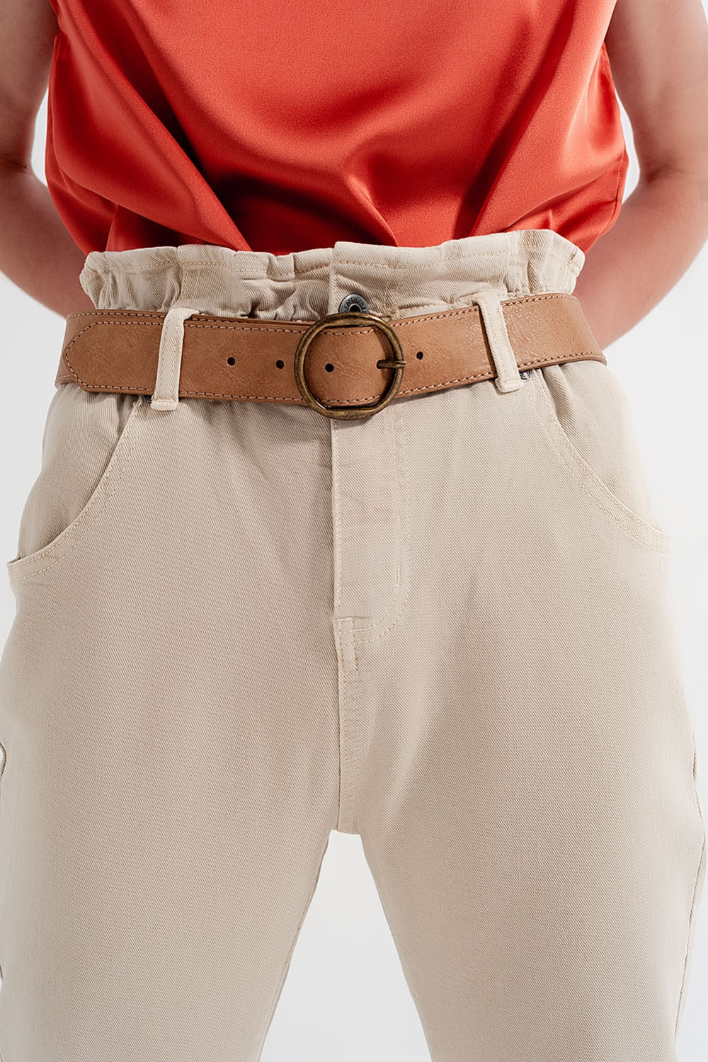 Elasticated paper bag waist mom jean in beige - Coloured Jeans