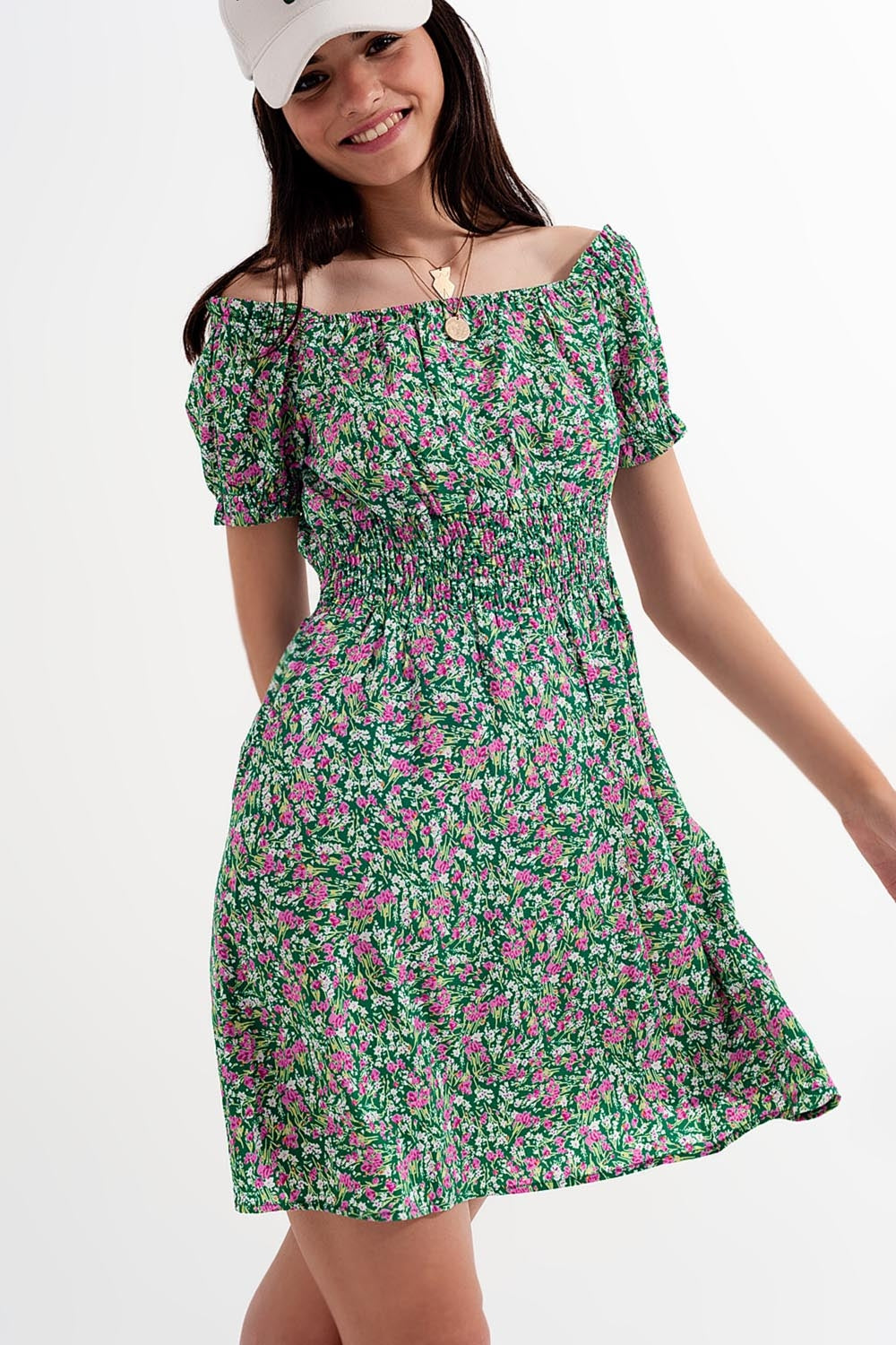 Mini dress with shirred detail in green ditsy floral print - dress