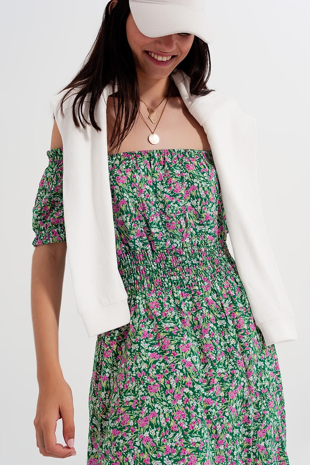 Mini dress with shirred detail in green ditsy floral print - dress
