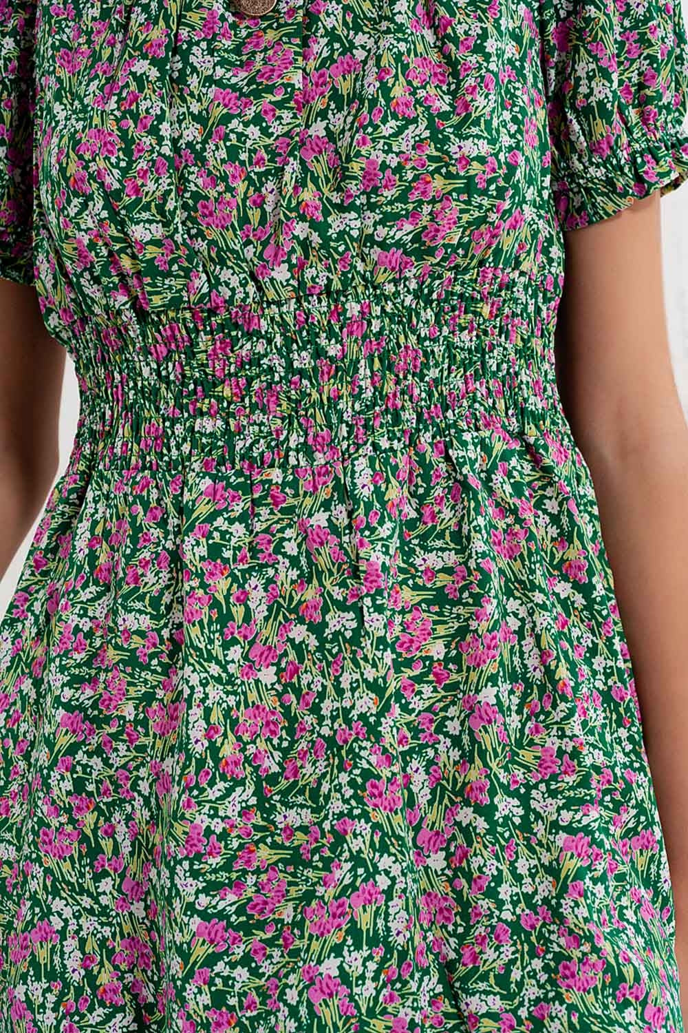 Mini dress with shirred detail in green ditsy floral print - dress