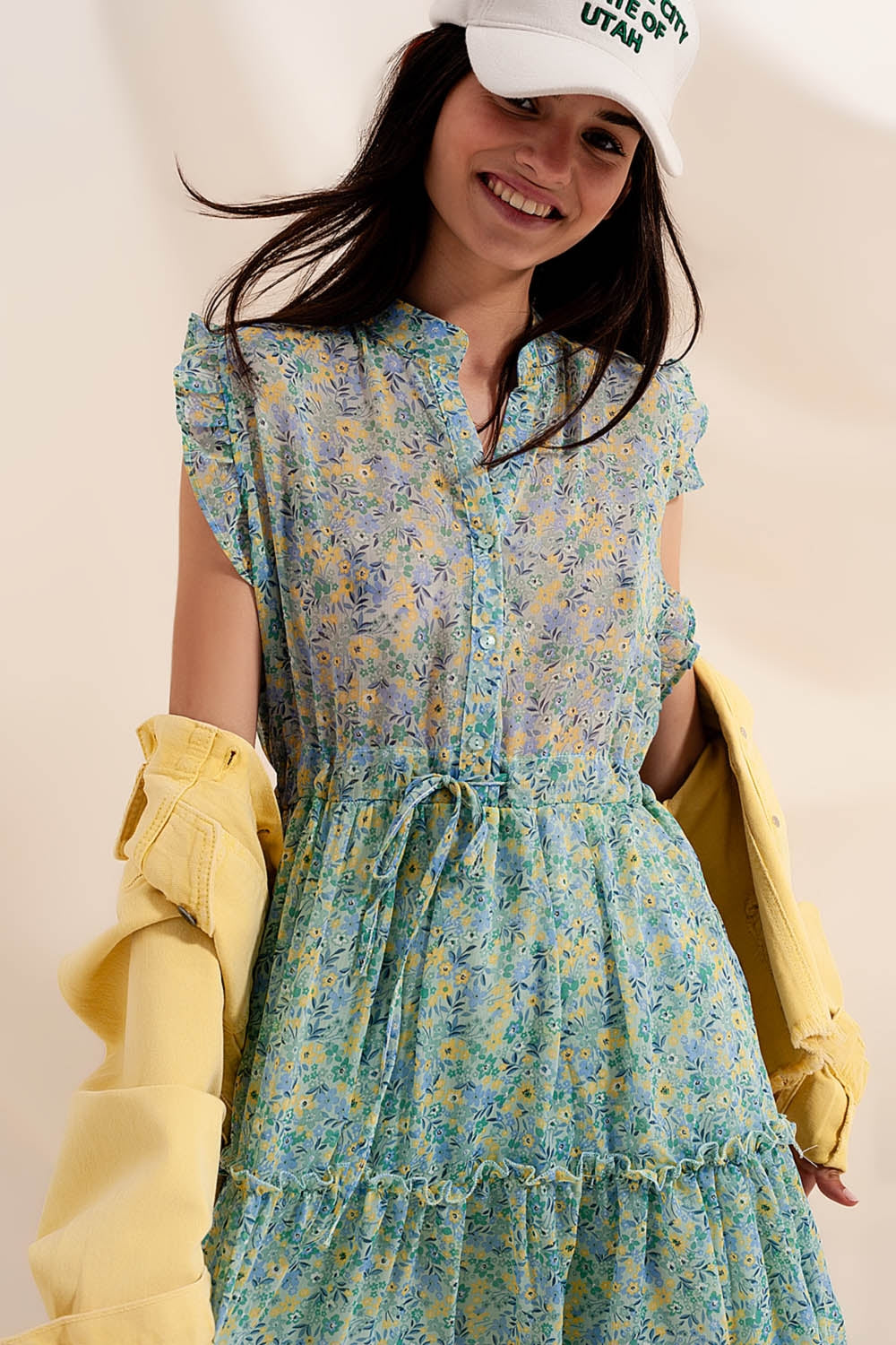 Mini dress with ruffle trims in vintage floral in green - dress